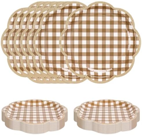 Platos Desechables Decorativos JarThenaAMCS de 7 Pulgadas, 60 Pcs en Gingham Marrón y Blanco para Cumpleaños y Baby Shower - imagen 1