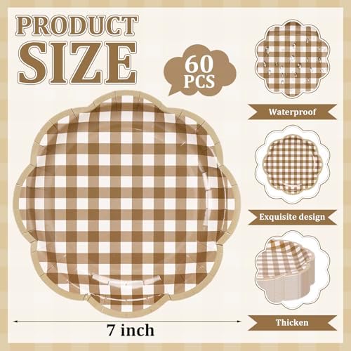 Platos Desechables Decorativos JarThenaAMCS de 7 Pulgadas, 60 Pcs en Gingham Marrón y Blanco para Cumpleaños y Baby Shower - imagen 2