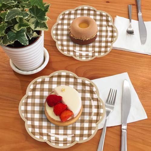 Platos Desechables Decorativos JarThenaAMCS de 7 Pulgadas, 60 Pcs en Gingham Marrón y Blanco para Cumpleaños y Baby Shower - imagen 5