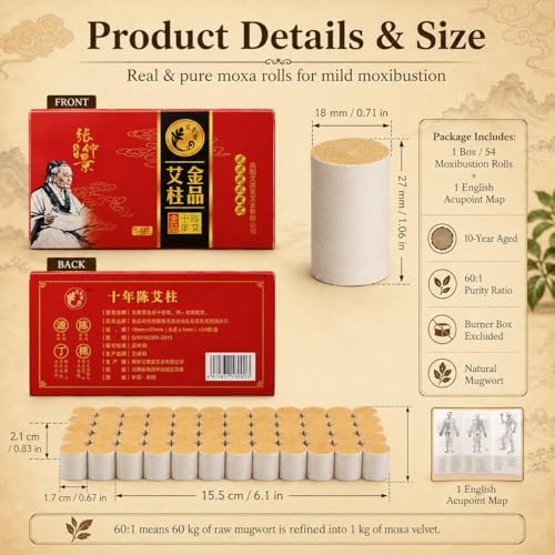 Rollos de Moxa Uloveido de 10 Años de Edad 60:1 Pureza | 54 Piezas de Moxa Pura de Artemisia con Mapa de Puntos de Acupuntura en Inglés para Terapia - imagen 5