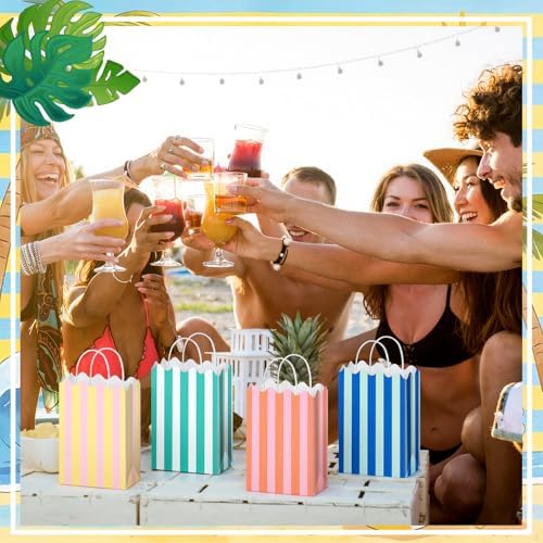 Bolsitas de Regalo de Papel Colarr 16 Pcs, Coloridas y Rayadas, 8.7'' x 6.3'' x 3.1'', con Asas para Fiestas de Verano y Decoración - imagen 7