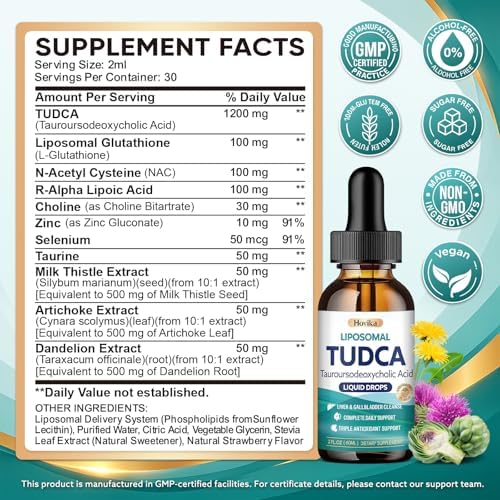 Hovika TUDCA Sales Biliares 1200mg Gotas Líquidas, Suplemento Tudca con Colina, ALA, NAC, Glutatión y Extractos Herbales para Flujo Biliar, Salud de - imagen 2