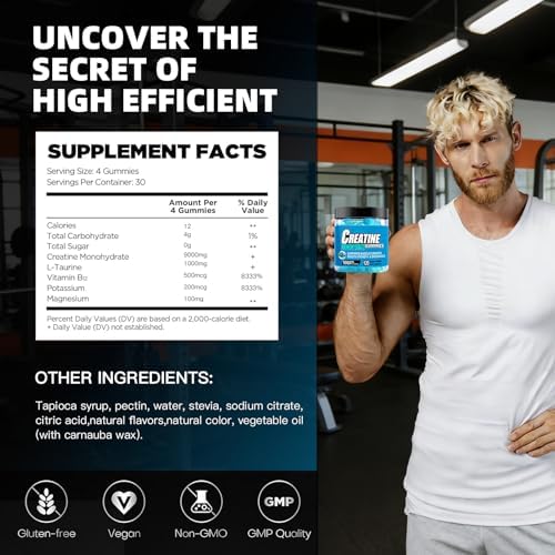Gomitas de Creatina Monohidratada 9000 MG para Hombres y Mujeres, Pre-Entreno con BCAA, L-Carnitina, Taurina y Vitamina B12, 0 Azúcar, Veganas - 120 - imagen 2