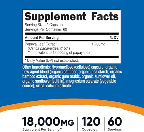 Extracto de Hoja de Papaya Nutricost 120 Cápsulas - 60 Porciones por Botella, Vegano, Sin OGM, Sin Gluten - imagen 2