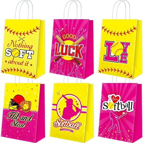 24 Piezas de Bolsas de Regalo de Softball para Fiestas, Bolsas de Dulces de Papel con Asa para Decoraciones de Cumpleaños y Baby Shower, 6 Diseños - imagen 1