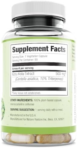 Suplemento de Extracto de Gotu Kola Nature Restore, 10% de Triterpenos, Máxima Efectividad, 90 Cápsulas, No GMO, Libre de Gluten, Vegano, Hecho en - imagen 2