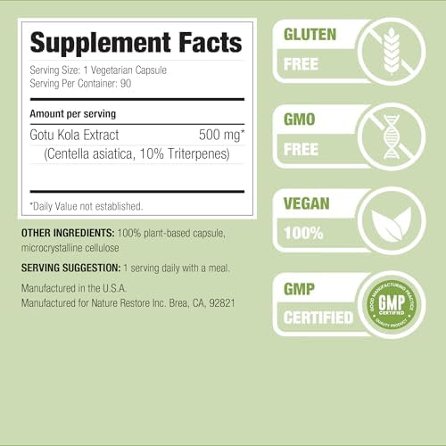 Suplemento de Extracto de Gotu Kola Nature Restore, 10% de Triterpenos, Máxima Efectividad, 90 Cápsulas, No GMO, Libre de Gluten, Vegano, Hecho en - imagen 3