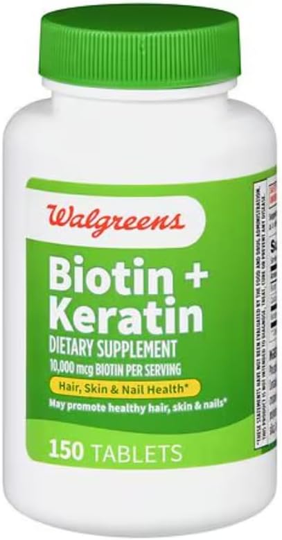 Walgreens Biotina + Queratina | 150 Tabletas | 10mg de Biotina + 100mg de Queratina | Suplemento para Cabello, Piel y Uñas - imagen 1