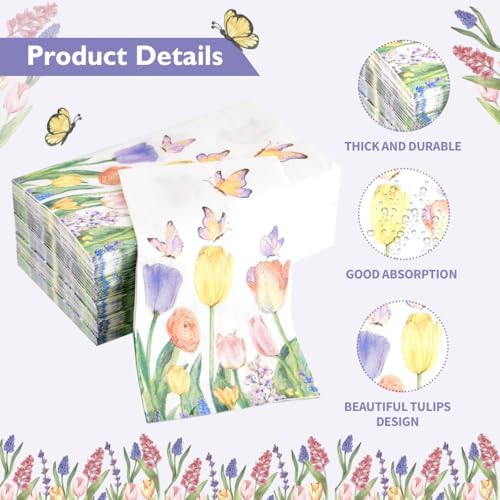 100 Piezas de Servilletas de Papel Desechables con Diseño de Tulipanes Acuarelados para Fiestas, Bodas y Decoración de Mesa - imagen 3