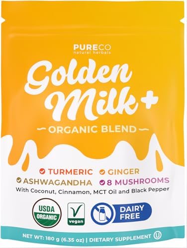 Mezcla Orgánica de Polvo de Leche Dorada - Latte Adaptógeno de Cúrcuma con Jengibre, Ashwagandha y Complejo de Hongos para Sueño, Relajación, - imagen 1