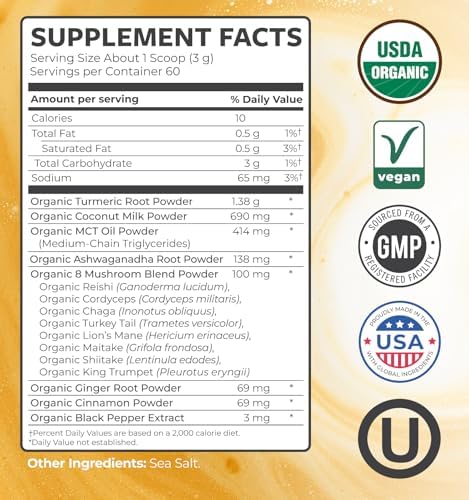 Mezcla Orgánica de Polvo de Leche Dorada - Latte Adaptógeno de Cúrcuma con Jengibre, Ashwagandha y Complejo de Hongos para Sueño, Relajación, - imagen 7