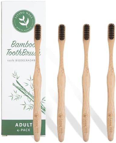 Cepillos de Dientes de Bambú Living Well con la Dra. Michelle (Paquete de 4) Ecológicos, Naturales, Sin BPA y Biodegradables, Infundidos con Carbón, - imagen 1