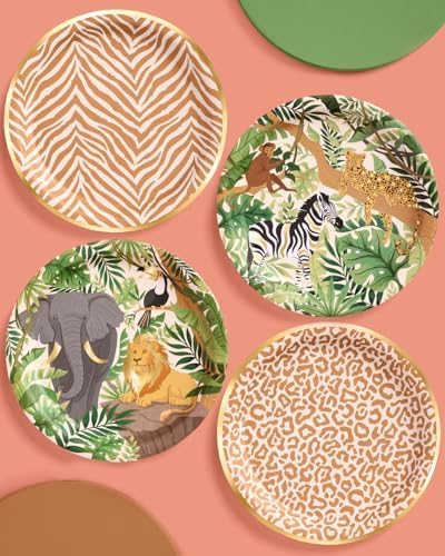 Platos de Papel Safari con Estampado Animal de xo, Fetti | 24 piezas de 9 | Decoraciones para Fiesta Infantil, Cumpleaños Salvaje, Temática de Selva - imagen 2