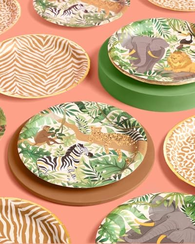 Platos de Papel Safari con Estampado Animal de xo, Fetti | 24 piezas de 9 | Decoraciones para Fiesta Infantil, Cumpleaños Salvaje, Temática de Selva - imagen 5
