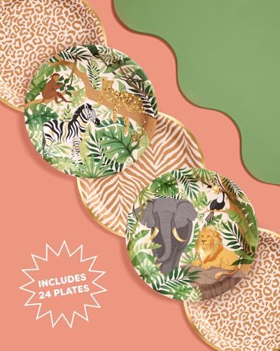 Platos de Papel Safari con Estampado Animal de xo, Fetti | 24 piezas de 9 | Decoraciones para Fiesta Infantil, Cumpleaños Salvaje, Temática de Selva - imagen 6