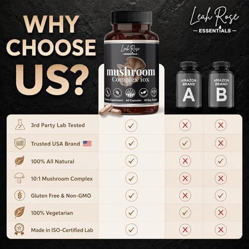 Suplemento Complejo de Hongos Leah Rose Essentials 10 en 1 - Melena de León, Cordyceps, Reishi, Cola de Pavo, Chaga y Más - Apoyo Cerebral, Energía e - imagen 6