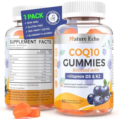 Gomitas Nature Echo® CoQ10 100mg, Suplemento con Vitamina D3 y K2, Sabor Arándano, Sin Azúcar, Salud Cardiaca y Soporte Óseo, Veganas, No GMO, 60 - imagen 1