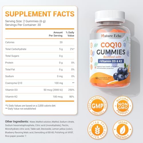 Gomitas Nature Echo® CoQ10 100mg, Suplemento con Vitamina D3 y K2, Sabor Arándano, Sin Azúcar, Salud Cardiaca y Soporte Óseo, Veganas, No GMO, 60 - imagen 2