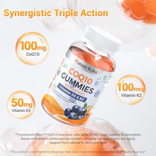 Gomitas Nature Echo® CoQ10 100mg, Suplemento con Vitamina D3 y K2, Sabor Arándano, Sin Azúcar, Salud Cardiaca y Soporte Óseo, Veganas, No GMO, 60 - imagen 6