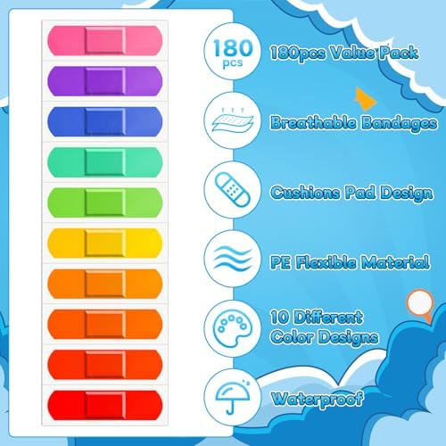 180 Piezas de Curitas para Niños, Vendajes Adhesivos Coloridos y Flexibles, 10 Colores Neón, Impermeables y Transpirables, 2.83'' x 0.75'' - imagen 3