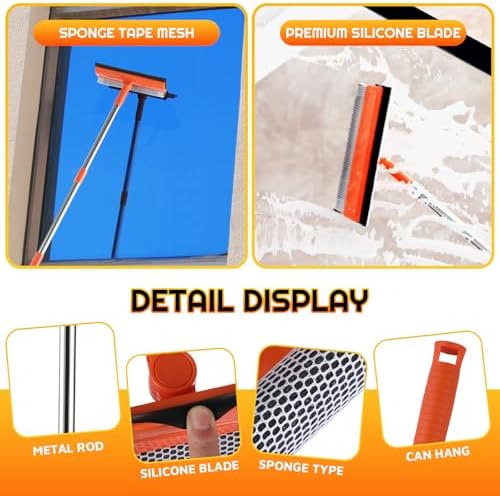 Limpiaparabrisas PuraKleen con Polo de Acero Inoxidable Ajustable de 62 — 2 en 1 con Esponja y Cuchilla Sin Rayas, Ideal para Ventanas de 1 Piso, - imagen 4