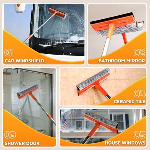 Limpiaparabrisas PuraKleen con Polo de Acero Inoxidable Ajustable de 62 — 2 en 1 con Esponja y Cuchilla Sin Rayas, Ideal para Ventanas de 1 Piso, - imagen 6