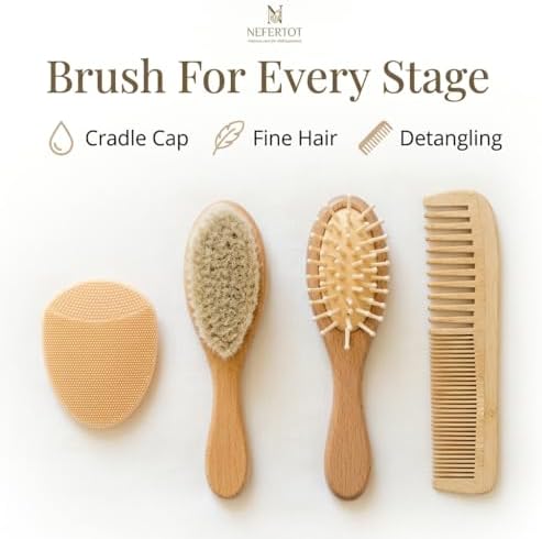 Kit de Cepillos para Bebé de Madera con Cepillo de Cabra, Cepillo para Costra, Masajeador de Cuero Cabelludo y Cepillo Suave | Set Neutro para Niños - imagen 5