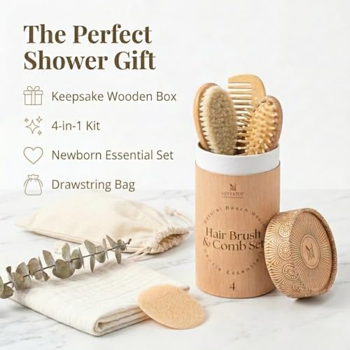 Kit de Cepillos para Bebé de Madera con Cepillo de Cabra, Cepillo para Costra, Masajeador de Cuero Cabelludo y Cepillo Suave | Set Neutro para Niños - imagen 6