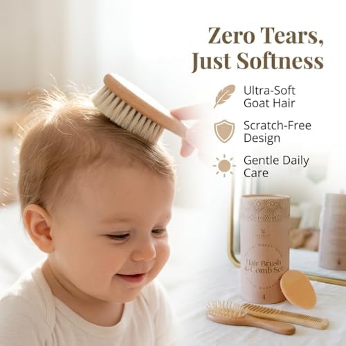 Kit de Cepillos para Bebé de Madera con Cepillo de Cabra, Cepillo para Costra, Masajeador de Cuero Cabelludo y Cepillo Suave | Set Neutro para Niños - imagen 8