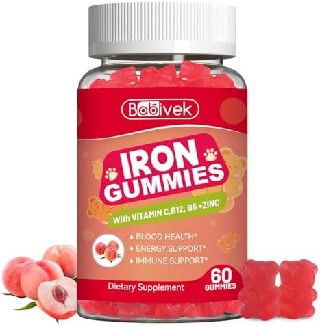 Gomitas de Hierro para Mujeres y Hombres - Suplemento de Hierro con Ácido Fólico, Vitamina C, B12, B6 y Zinc, Sabor Durazno, Veganas, 60 Gomitas - imagen 1