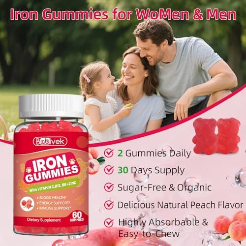 Gomitas de Hierro para Mujeres y Hombres - Suplemento de Hierro con Ácido Fólico, Vitamina C, B12, B6 y Zinc, Sabor Durazno, Veganas, 60 Gomitas - imagen 5
