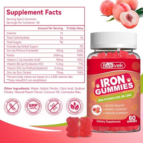 Gomitas de Hierro para Mujeres y Hombres - Suplemento de Hierro con Ácido Fólico, Vitamina C, B12, B6 y Zinc, Sabor Durazno, Veganas, 60 Gomitas - imagen 7