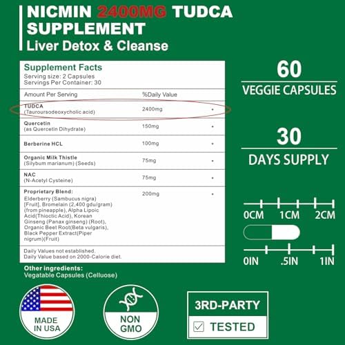 Suplementos NICMIN TUDCA 2400MG, Complejo de Sales Biliares para Desintoxicación Hepática y Limpieza de Vesícula, Salud Digestiva 60 Cápsulas - imagen 2