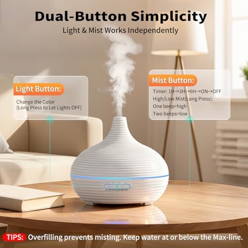 Difusor de Aceites Esenciales URPOWER 300ml para Dormitorio, Ultrasonido Silencioso, Apagado Automático, Temporizador, 7 Colores LED para Casa y - imagen 2