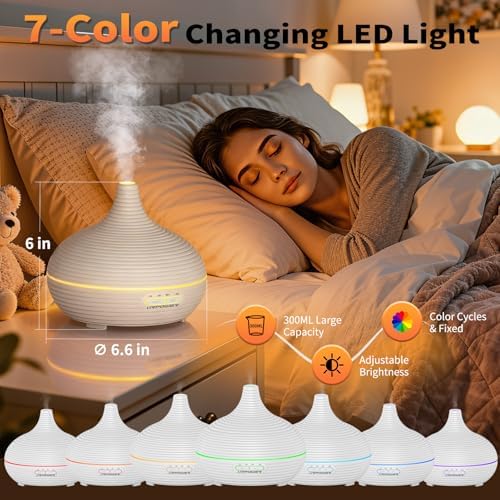 Difusor de Aceites Esenciales URPOWER 300ml para Dormitorio, Ultrasonido Silencioso, Apagado Automático, Temporizador, 7 Colores LED para Casa y - imagen 3