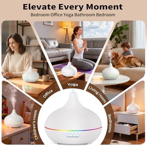 Difusor de Aceites Esenciales URPOWER 300ml para Dormitorio, Ultrasonido Silencioso, Apagado Automático, Temporizador, 7 Colores LED para Casa y - imagen 6