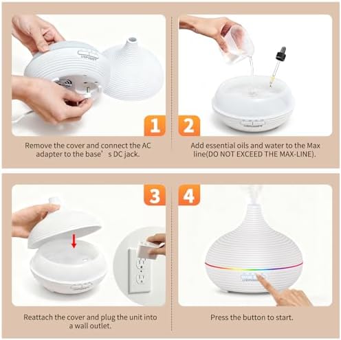 Difusor de Aceites Esenciales URPOWER 300ml para Dormitorio, Ultrasonido Silencioso, Apagado Automático, Temporizador, 7 Colores LED para Casa y - imagen 7