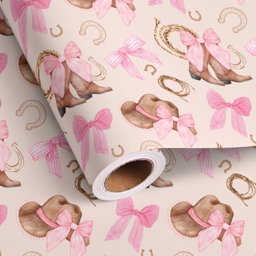 Papel de Regalo Dlyrroba para Niñas - Diseño Vaquero Rosa con Botas, Sombreros y Lazos - 17in x 16.5ft para Fiestas de Cumpleaños y Temáticas Oeste - imagen 1