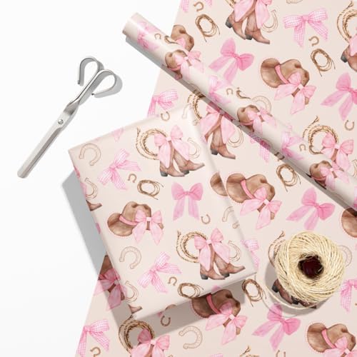 Papel de Regalo Dlyrroba para Niñas - Diseño Vaquero Rosa con Botas, Sombreros y Lazos - 17in x 16.5ft para Fiestas de Cumpleaños y Temáticas Oeste - imagen 2