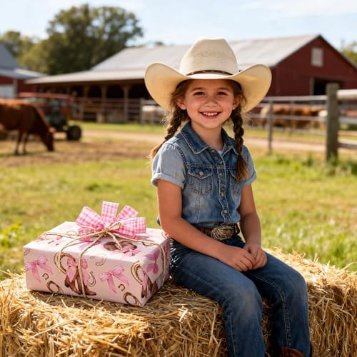 Papel de Regalo Dlyrroba para Niñas - Diseño Vaquero Rosa con Botas, Sombreros y Lazos - 17in x 16.5ft para Fiestas de Cumpleaños y Temáticas Oeste - imagen 4
