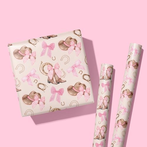 Papel de Regalo Dlyrroba para Niñas - Diseño Vaquero Rosa con Botas, Sombreros y Lazos - 17in x 16.5ft para Fiestas de Cumpleaños y Temáticas Oeste - imagen 6
