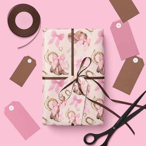 Papel de Regalo Dlyrroba para Niñas - Diseño Vaquero Rosa con Botas, Sombreros y Lazos - 17in x 16.5ft para Fiestas de Cumpleaños y Temáticas Oeste - imagen 7