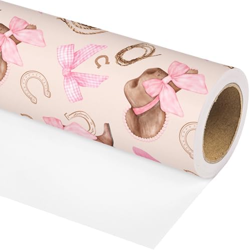 Papel de Regalo Dlyrroba para Niñas - Diseño Vaquero Rosa con Botas, Sombreros y Lazos - 17in x 16.5ft para Fiestas de Cumpleaños y Temáticas Oeste - imagen 8