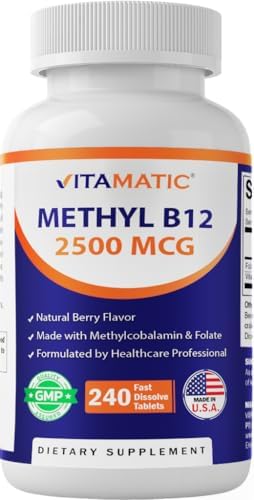 Vitamatic Methyl B12 2500 mcg con Ácido Fólico – Sabor Natural a Baya – 240 Tabletas de Disolución Rápida – Suplemento Vegano y No Transgénico para - imagen 1