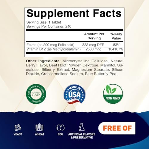 Vitamatic Methyl B12 2500 mcg con Ácido Fólico – Sabor Natural a Baya – 240 Tabletas de Disolución Rápida – Suplemento Vegano y No Transgénico para - imagen 2