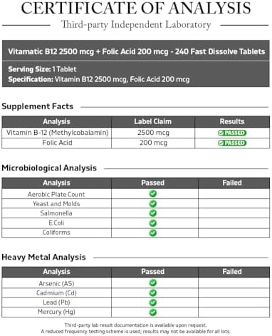 Vitamatic Methyl B12 2500 mcg con Ácido Fólico – Sabor Natural a Baya – 240 Tabletas de Disolución Rápida – Suplemento Vegano y No Transgénico para - imagen 3
