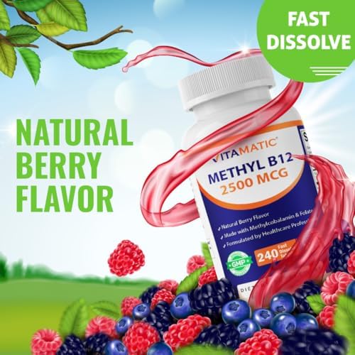 Vitamatic Methyl B12 2500 mcg con Ácido Fólico – Sabor Natural a Baya – 240 Tabletas de Disolución Rápida – Suplemento Vegano y No Transgénico para - imagen 5
