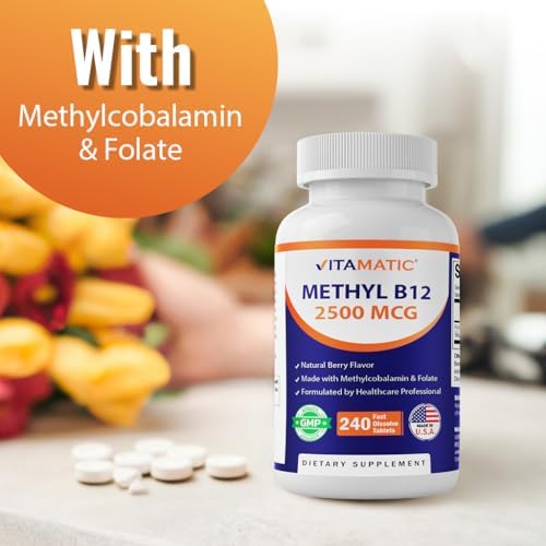 Vitamatic Methyl B12 2500 mcg con Ácido Fólico – Sabor Natural a Baya – 240 Tabletas de Disolución Rápida – Suplemento Vegano y No Transgénico para - imagen 7