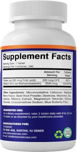 Vitamatic Methyl B12 2500 mcg con Ácido Fólico – Sabor Natural a Baya – 240 Tabletas de Disolución Rápida – Suplemento Vegano y No Transgénico para - imagen 8