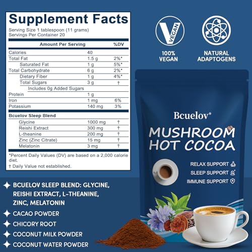 Cocoa en Polvo con Hongo Reishi, Melatonina y L-Theanina para Dormir Mejor, 20 Porciones de Chocolate Caliente de Hongo - imagen 2